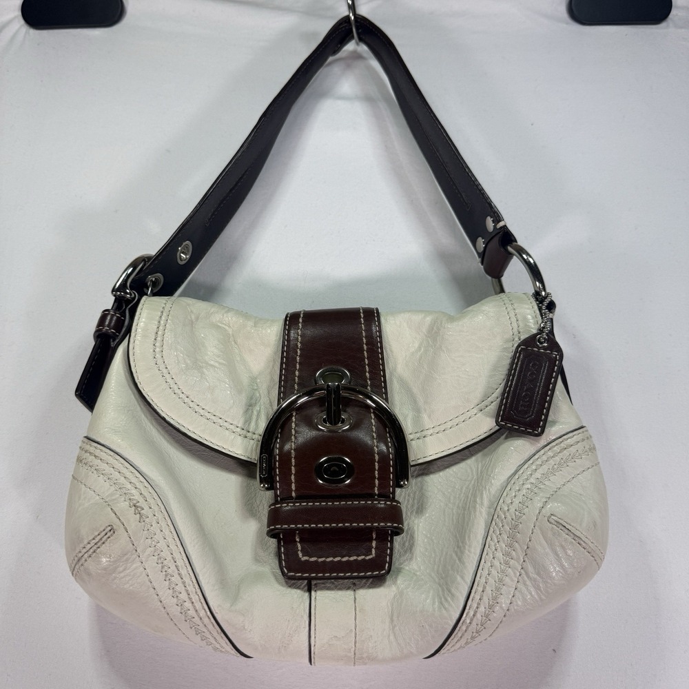 Coach Y2K Soho Off White/Brown Leather Shoulder Handbag Buckle Flap - Picture 1 of 11